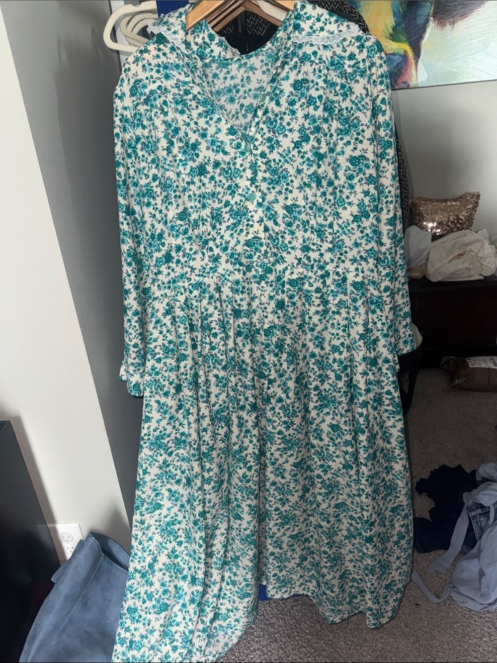Teal Floral Button-Front Dress on White